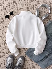 青少年女孩休闲布鲁克林印花宽松立领运动衫，适合返校季、秋冬季 - 白色 - 查看 2