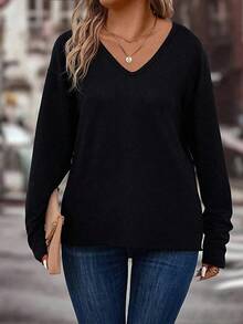 EMERY ROSE 女士休闲V领长袖百搭T恤，加大码，秋冬 - 黑色 - 查看 8