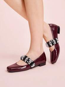 CUCCOO DOLLMOD Zapatos de mujer de tacón bajo con puntera cuadrada roja a cuadros, estilo japonés lindo para el campus - Burdeos - Ver 5