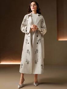 Anewsta 女式秋冬长款复古杏灰色 3D 串珠刺绣双排扣束腰风衣 - 米色 - 查看 12