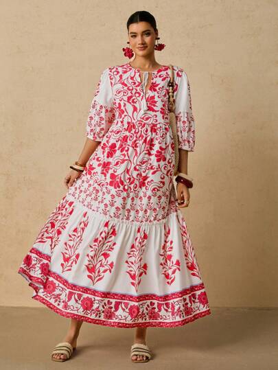 Travachic Plus Size Women's Fuchsia Print Dress, V-Neck Tie Waist Cropped Sleeve Loose Bohemian Dress Maxi Dress Long Floral Dress Boho Dress Embroidered Maxi Dress Red Floral Maxi Dress Fall Clothes Wedding Guest Dress Fairy Dress Fall Dresses For Women Boho Women Clothing Pink Outfit Women Floral Dresses For Women Curve Wedding Guest Dress