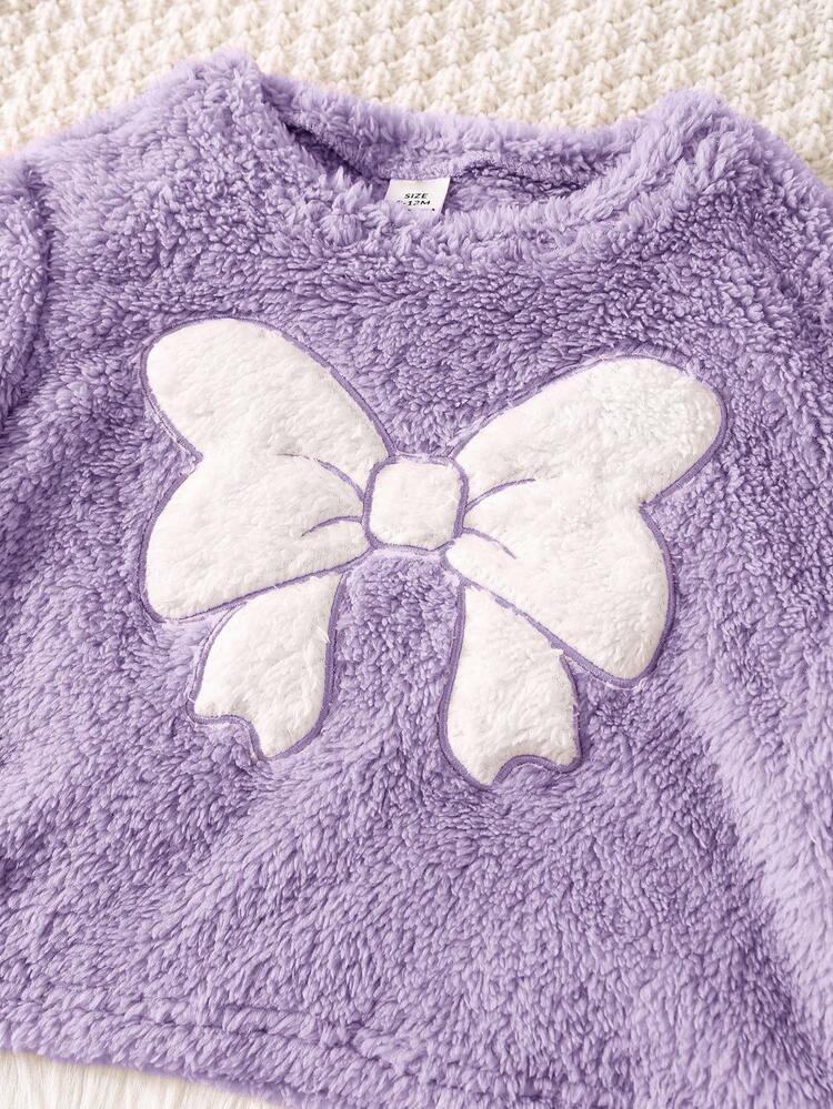 SHEIN 4pcs Baby Girl Minimalist Bow Embroidered Round Neck Long Sleeve & Pants Soft Comfortable Double-Sided Fleece Pajama Set, Autumn/Winter Fall - Multicolor - View 4