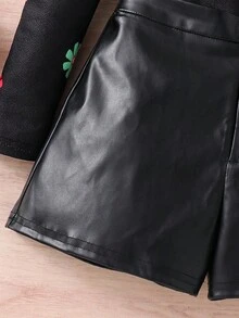 SHEIN 两件套女童针织爱心图案泡泡袖上衣搭配纯色编织PU皮短裤套装，女童碎花印花套装，女童两件套长袖上衣短裤套装，女童秋季服装，女童冬季服装 - 黑色 - 查看 5