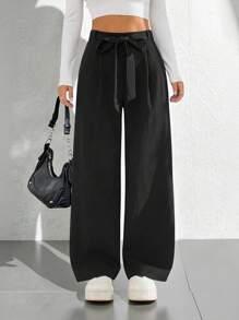 SHEIN PETITE 纯色高腰系带阔腿裤