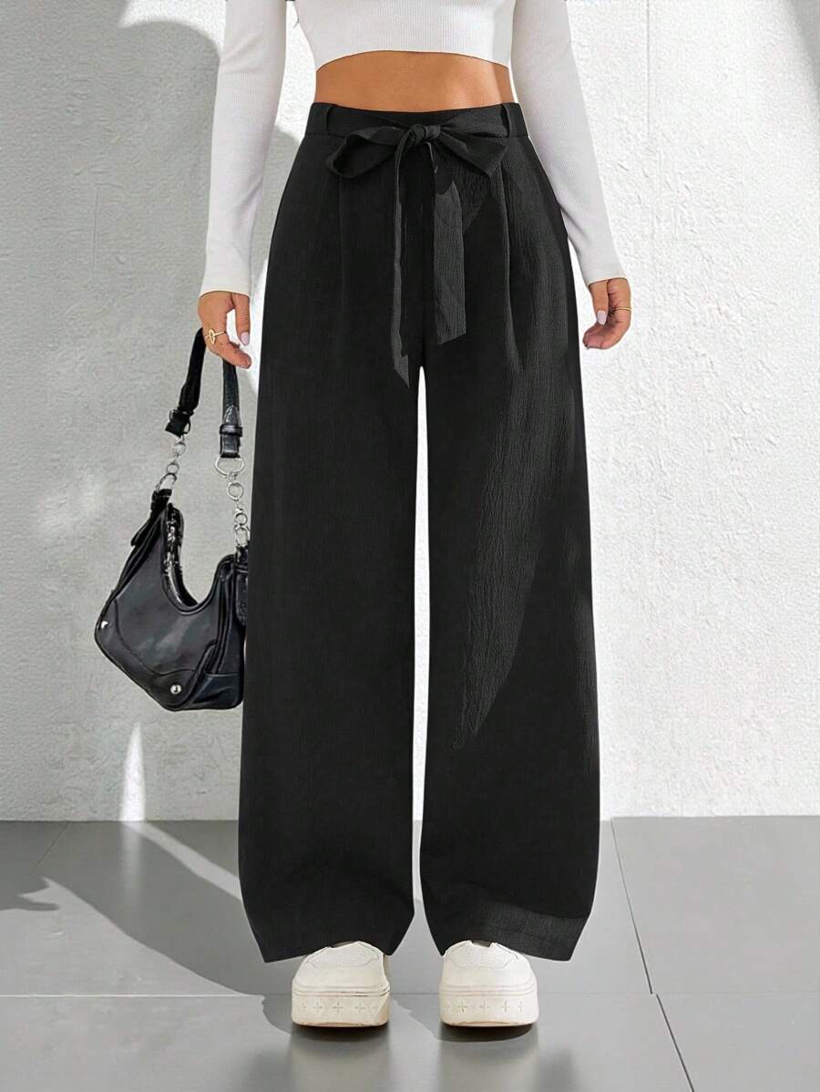 SHEIN PETITE 纯色高腰系带阔腿裤