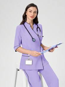 Scrubzie 2 件套女式手术服套装，黑色撞色抗皱交叉上衣和裤子 - 紫色 - 查看 6