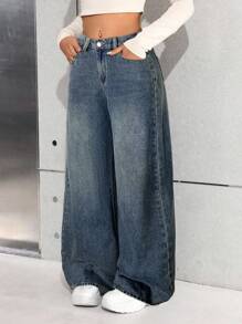 SHEIN Teen Girl Y2K Basic Blue Denim Thermal Lined Loose Fit Pants, Autumn/Winter, Fall - Dark Wash - View 5