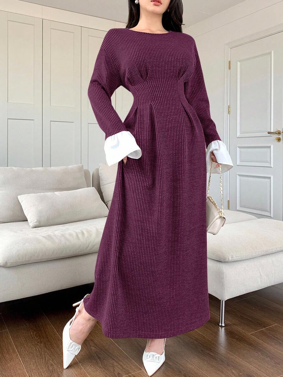 Feyla 女士圆领落肩长袖拼色褶饰优雅连衣裙 - 紫色 - 查看 1