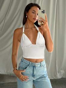 Aloruh Women's Sexy Solid Color Backless Halter Top, Summer - White - View 6