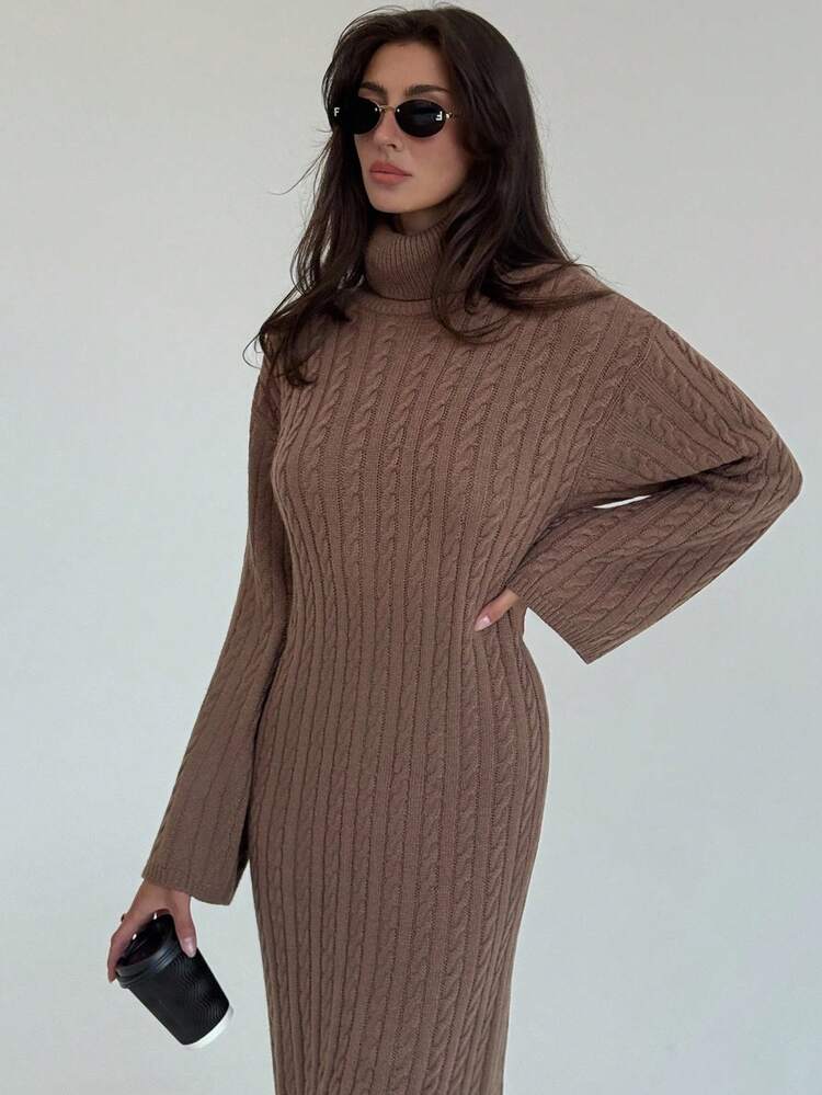 Aloruh New Arrival Autumn Simple Retro Cable Knit Long Fitted High Neck Loose Casual Sweater Dress,Fall - Coffee Brown - View 7