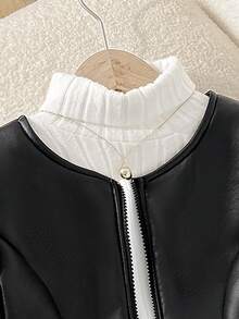 SHEIN Jaket Crop Super Nyaman untuk Anak Perempuan Remaja Musim Dingin, Elegan, Model Blok Warna, Bahan PU Fleece Tebal, Pinggang Berkerut, Hem Bergelombang, Resleting Depan Metalik, Warna Hitam - Hitam - View 6