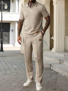 Manfinity CasualCool Men's Summer Casual Commuter Embellished Textured Fabric Half-Zip Polo Shirt And Seam Front Pants Set, Men 2 Pieces Outfit, Old Money Style, Cozy Outfits