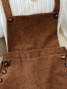 SHEIN Bộ đồ liền thân 2 món vải nhung kẻ sọc có nút cài điều chỉnh được cho bé gái mùa thu/đông, quần yếm màu trơn dệt kim và áo thun cổ lọ tay dài ôm vừa vặn, màu nâu, phù hợp mặc thường ngày, ngày lễ, ở nhà, trở lại trường - màu nâu - Xem 3