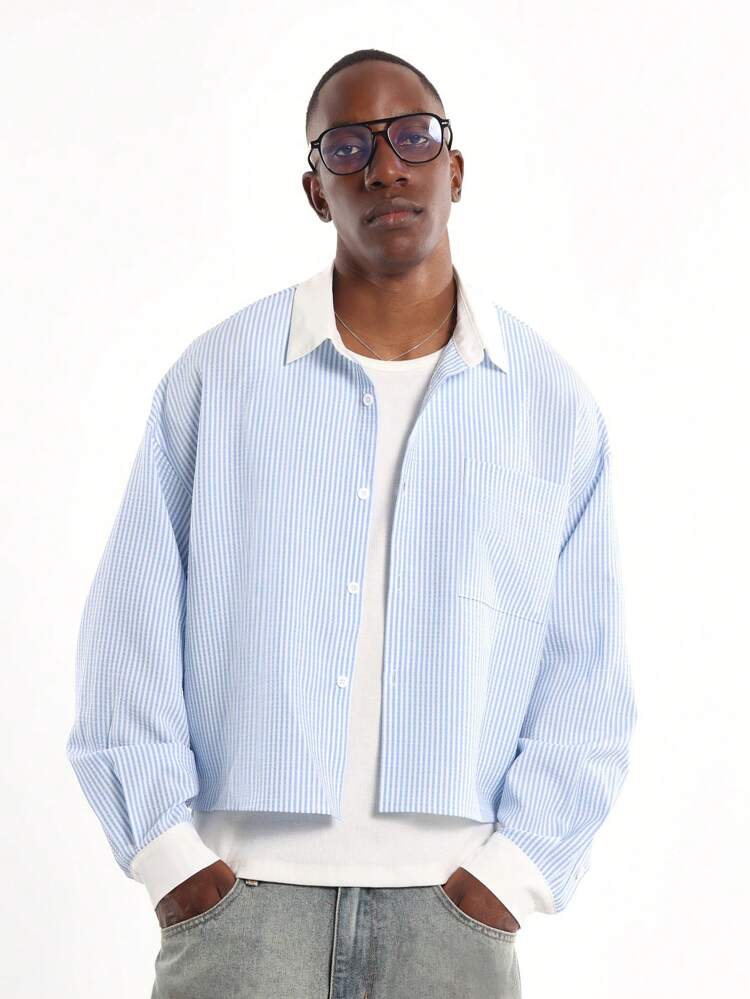 Cropped Striped Button Down Shirt With Contrast Collar