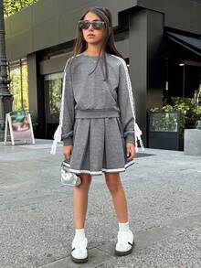 2pcs Tween Girls Knit Sweatshirt With Bowknot & Pleated Skirt Set, Cute Casual Daily Versatile Fashion Back To School Outfit, Autumn/Winter New Arrival - Grey - View 3