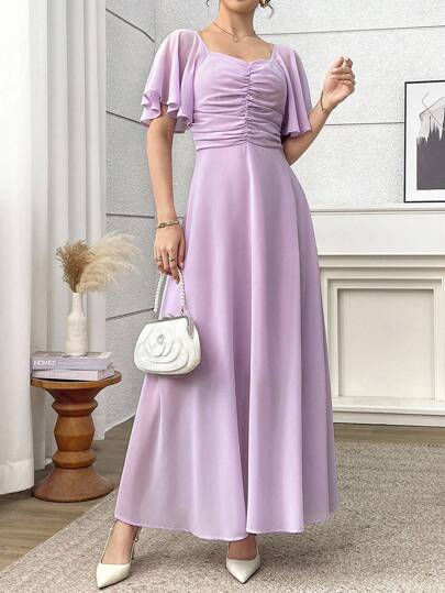 Modelyn 女士优雅褶皱甜心领中长连衣裙薰衣草连衣裙丁香连衣裙紫色连衣裙甜心领连衣裙蝴蝶袖连衣裙，时尚、休闲、优雅的女士秋季连衣裙