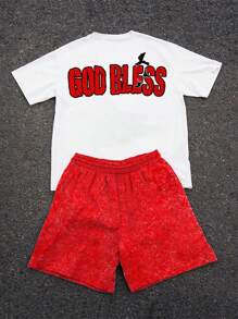 Manfinity EMRG 男士创意“God Bless”字母印花T恤套装，美式复古全印花街头潮流必备T恤套装男士图案T恤和短裤套装 - 彩色 - 查看 2