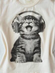 少女白色针织休闲个性修身短裤短袖圆领可爱猫咪图案印花T恤，适合居家休闲、购物、午餐、派对 - 杏色 - 查看 4