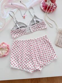 PetitDoll 2 piezas Conjunto de lencería con estampado de corazón para mujer - Rojo y blanco - Ver 2