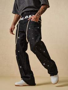 ROMWE MEN Street Life Men's Loose Fit Jeans With Sparkling Diamond Waistband