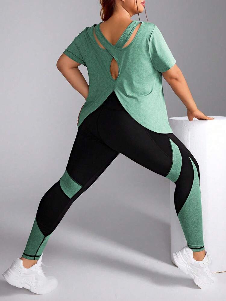 Rhythm Era 大码纯色简约短袖上衣和裤子 运动套装 大码运动服上衣 大码健身服 Curve 运动服上衣 大码瑜伽套装 Curve 健身服 女士健身套装 - 綠色 - 查看 3