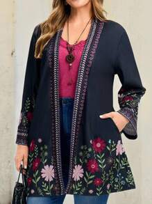 EMERY ROSE 大码女式花卉印花开襟羊毛衫，春秋季度假风格 - 彩色 - 查看 4