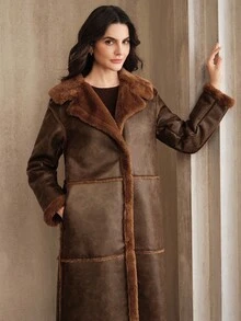 Anewsta Women's Faux Fur Collar Zip-Up Long Casual Urban Fashionable Jacket, Autumn/Winter - Brown - View 4