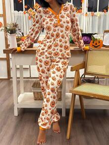 SHEIN 女士万圣节南瓜印花 T 恤和裤子睡衣套装，橙色舒适睡衣套装，秋季服装 - 杏色 - 查看 5