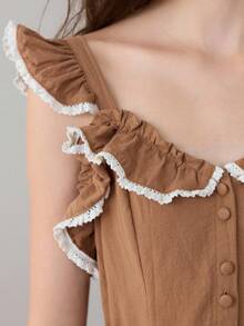 ROMWE Fairycore Váy midi họa tiết bèo nhún màu bí ngô, chất liệu vải lanh phong cách mộc mạc, phù hợp cho lễ Halloween, mùa thu - màu nâu - Xem 7