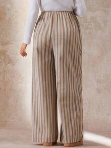 Boho Mama 可调节腰带条纹口袋孕妇宽腿宽松休闲裤 - 杏色 - 查看 2