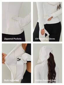 SHEIN PETITE Women Solid Color Zip Front Casual Long Sleeve Lightweight Jacket Sports Sun Protection In Fall/Winter - Light Grey - View 2