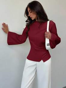 Aloruh Women's Boat Neck Flare Sleeve Cropped Ruched Office Blouse,Fall Tops,Elegant Women's Blouses - Burgundy - View 5