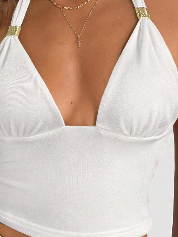 Aloruh Top halter sin espalda de unicolor y sexy para mujer, verano - Blanco - Añade 7