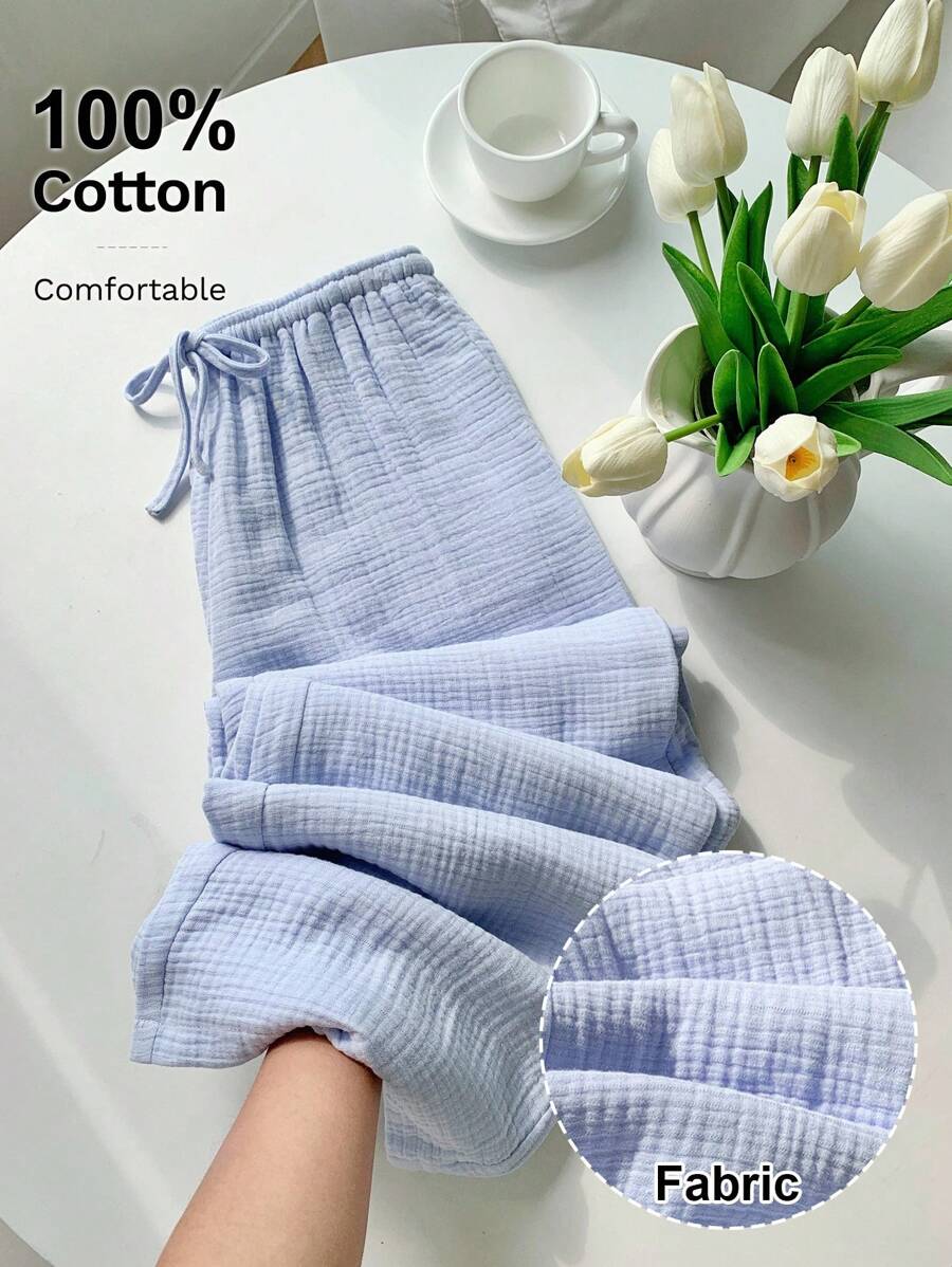 Comfortcana Quần ống rộng ống rộng màu trơn buộc eo cỡ lớn cho nữ Quần cotton thường ngày cho nữ Quần dài mặc nhà, Quần thu/đông, Quần áo mùa thu cho nữ Quần cotton 100% Quần cotton gạc cho nữ Quần cotton mùa hè - Màu xanh lam - Xem 1