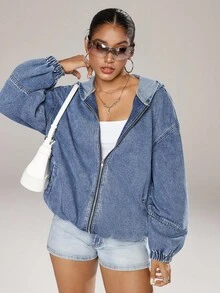 Jeanoix 女士宽松连帽拉链牛仔夹克，蓝色 - 中等水洗藍 - 查看 6