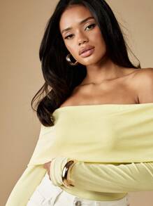 MISSGUIDED 露肩长袖紧身衣 淡雅春季时尚翻领修身上衣 优雅晚会场合俱乐部装 休闲日常基本款 - 黃色 - 查看 4