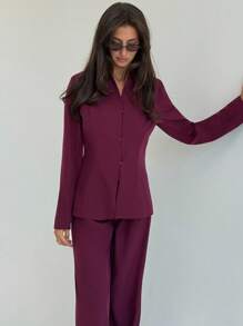 Aloruh Women's Solid Color Long Sleeve Single-Breasted Jacket And Pants Casual Suit Set In Fall/Winter - Burgundy - View 7