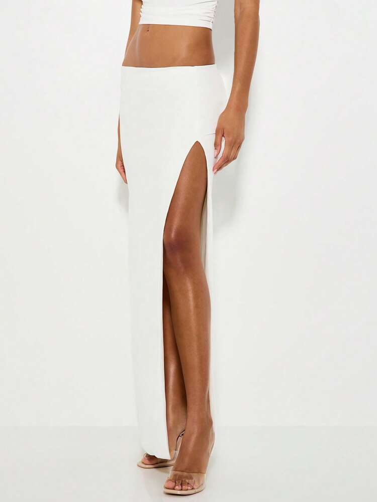 KIZN High Waisted Fitted Maxi Skirt With Front Slit