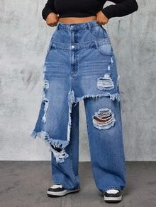 Slaydiva Plus Size Blue Distressed Frayed Hem Fashion Double Layer Design Jeans New Fall Fashion Women,Fall Clothes For Women - Blue - View 3