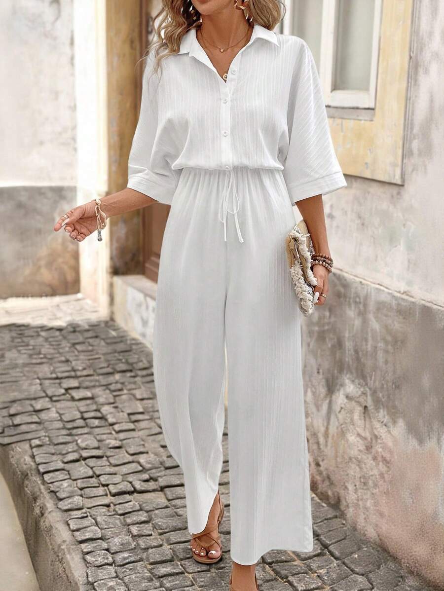 Brillora Ladies' Solid Color Simple Daily Jumpsuit - White - View 1