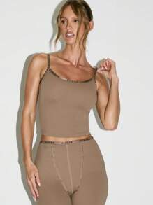 KIZN Áo crop top liền thân co giãn có dây đeo chéo liền mạch dành cho nữ, mặc ở nhà cơ bản, thời trang thường ngày, ôm sát, dây đeo mỏng, tập yoga, tập thể dục - màu nâu - Xem 1