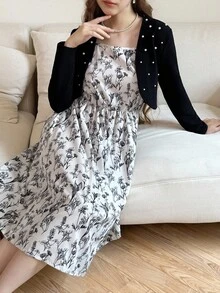 2件套少女珍珠装饰长袖开衫和花卉印花吊带背心连衣裙套装 - 彩色 - 查看 5
