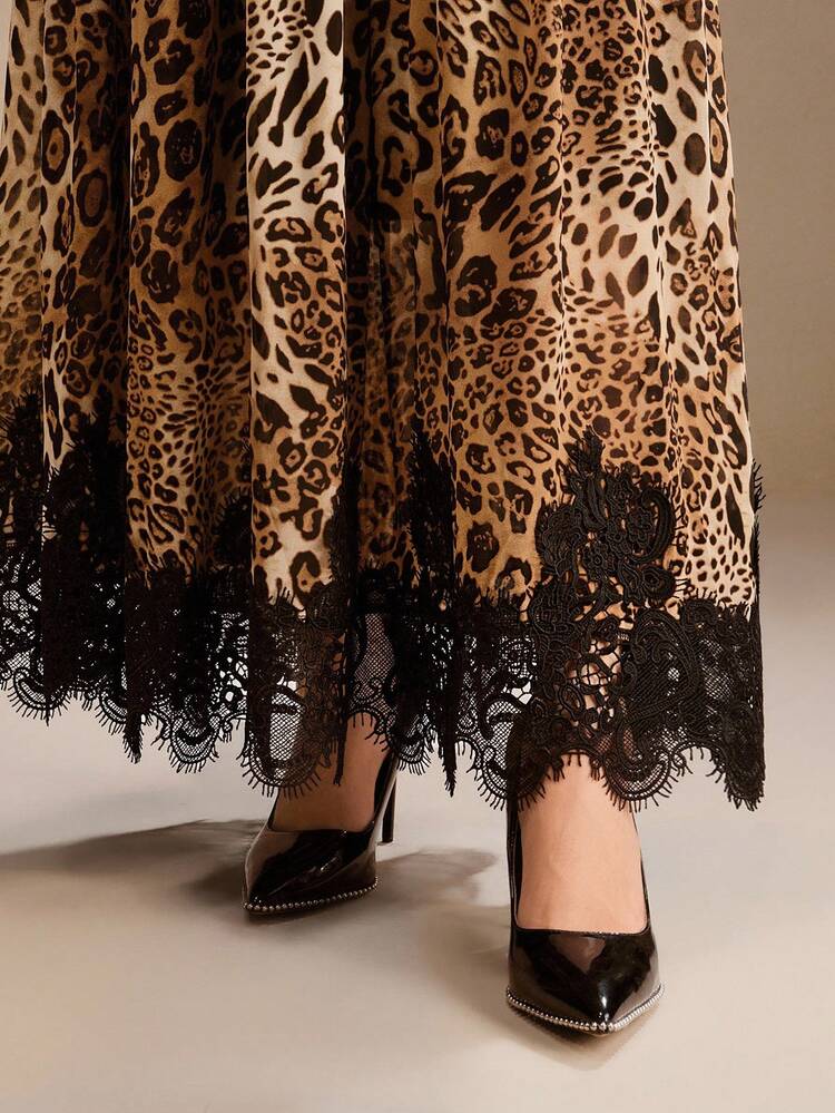 Falda elástica de cintura con estampado de leopardo y encaje negro, falda moderna de oficina/trabajo para maestras, otoño/invierno
