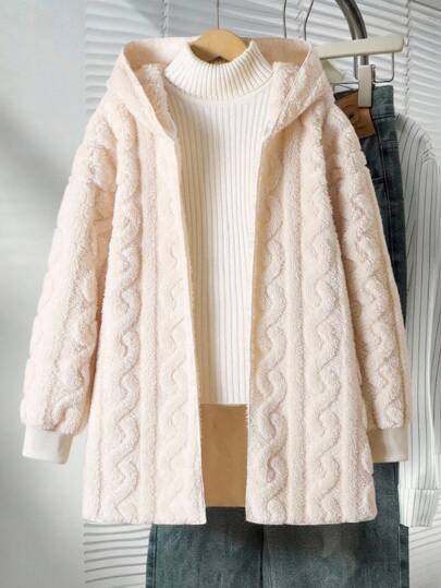 Sparklyn 青少年女孩休闲百搭百搭家居服和学校日常粗针织条纹毛绒领前开中长款秋冬夹克秋季