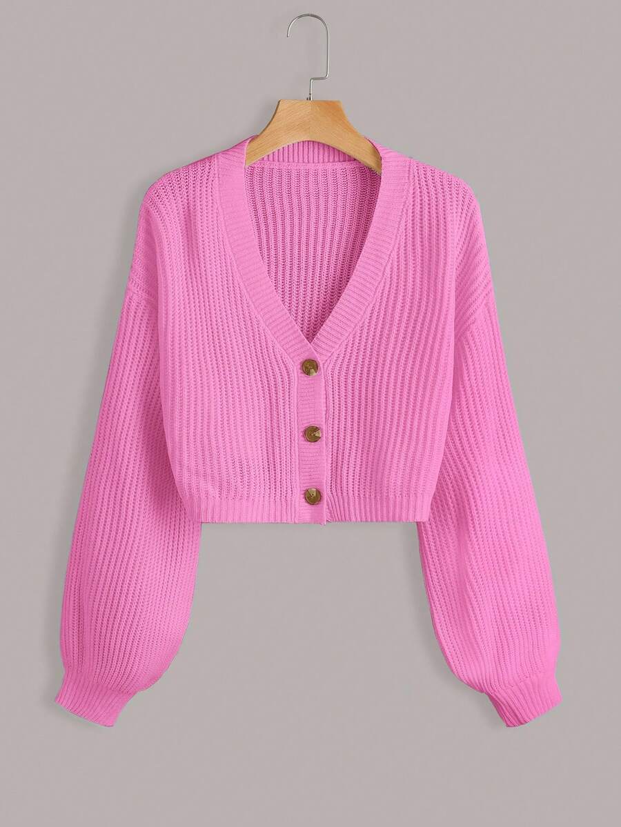 EURMUSE White Lantern Sleeve Button Front Rib Knit Cardigan - Hot Pink - View 1