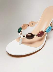 SHUZIA 女士宝石装饰细高跟日常复古性感沙滩优雅 PU 白色高跟凉鞋 - 白色 - 查看 6