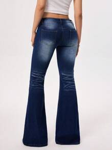 Rivivi Women's Low Waist Stretchy Denim Flare Pants - Dark Wash - View 2