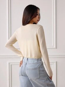 SHEIN PETITE 休閒百搭純色短版開襟衫，秋冬款，適合嬌小女性 - 黃色 - 查看 2