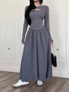 Feyla 优雅镂空法式修身长袖连衣裙 - 灰色 - 查看 2