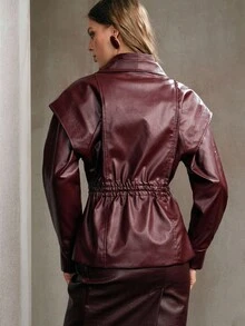 Arave Veste de moto quotidienne pour femmes en tissu PU, avec épaules tombantes, col double couche, grand col cranté, épaulettes matelassées. Veste polyvalente pour le bureau, le club et l'hiver sexy